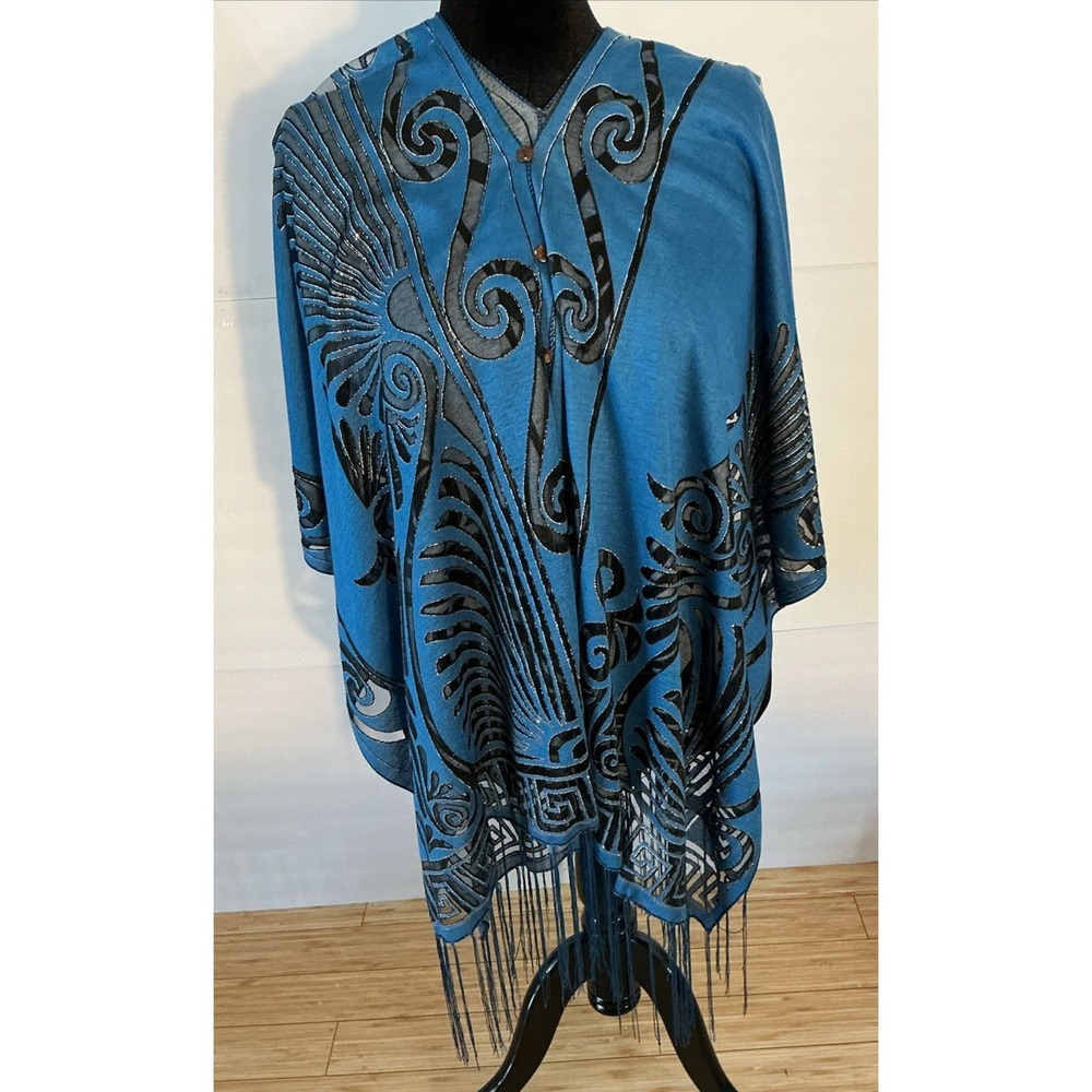 Boutique Kokomo Women's Shawl Cover Up Black Blue One Size Floral Silk Blend